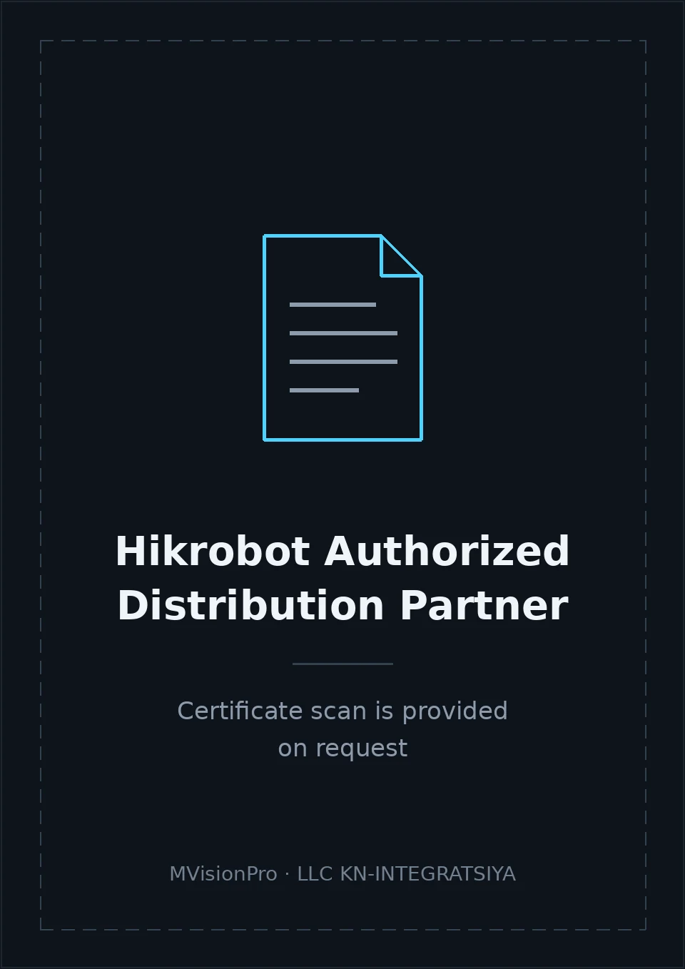 Hikrobot Authorized Distribution Partner certificate — the scan is provided on request