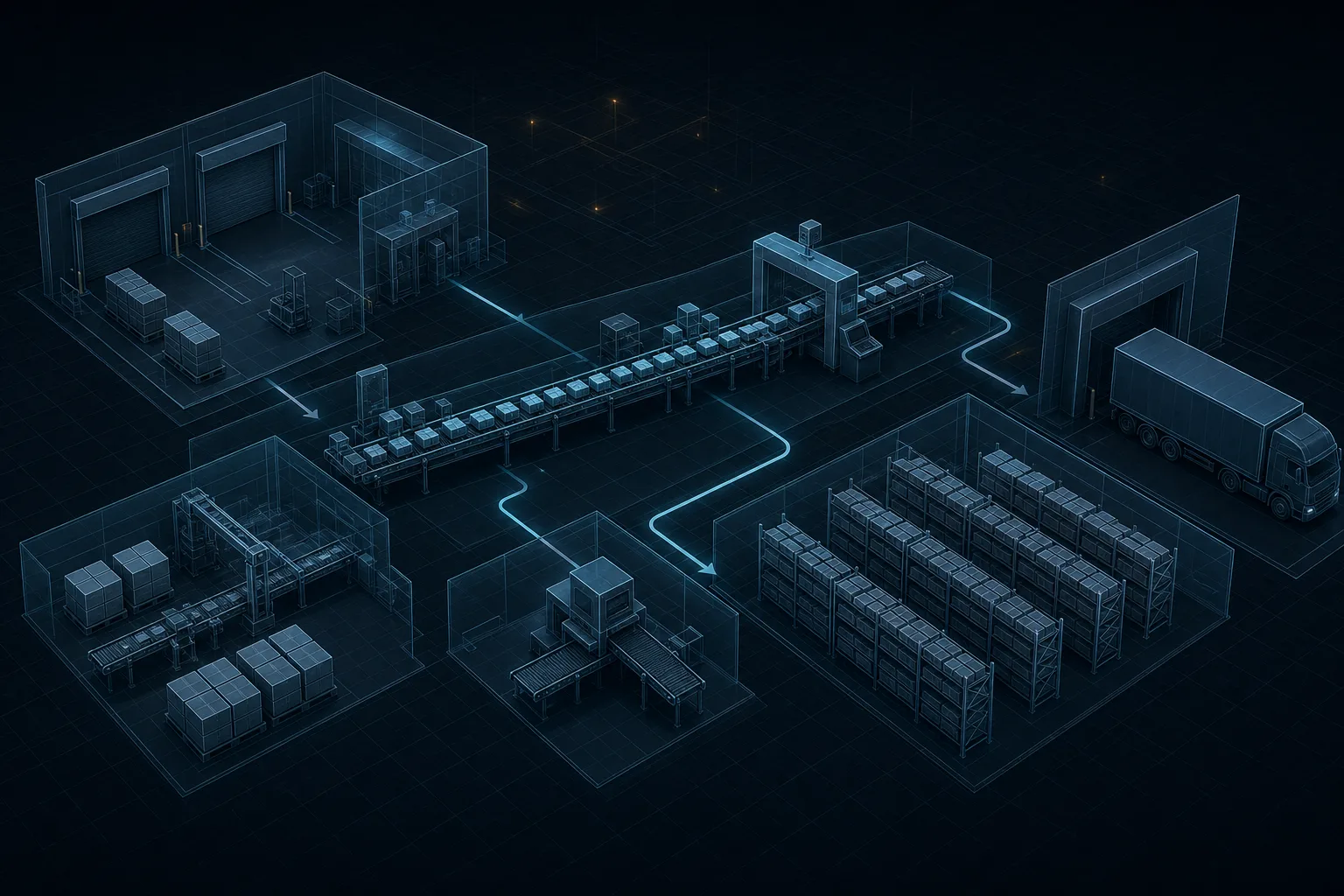 Isometric factory layout: receiving, line, inspection, packaging, marking, warehouse, shipping