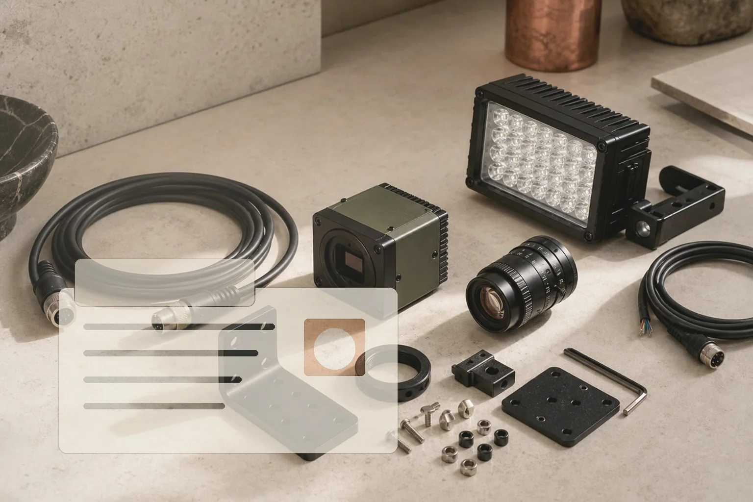 Test-zone bench: a camera, samples and documents